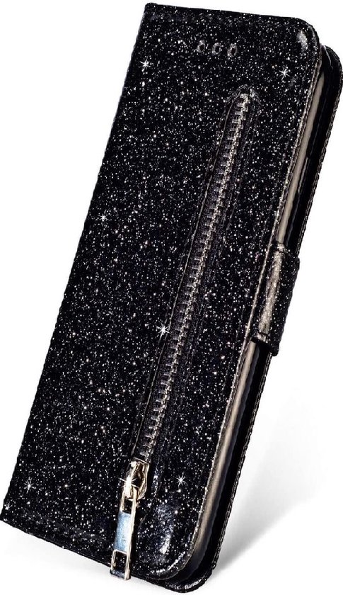 Etui adapté pour Oppo A73 Glitter Bookcase with zipper de LuxeBass - cover - wallet cover - Zwart - bookcase - book cover - book case - book cover
