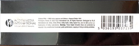 Verpakking van Acorn Media International, PAL DVD, 1800 minuten, 8 discs, Aspect Ratio 16:9, Dolby-technologieën.