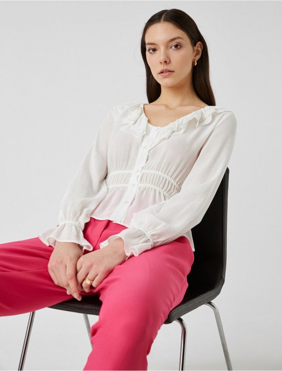 Koton Striped Ruffle Blouse Long Sleeve Round Neck Viscose Fabric, Camicetta