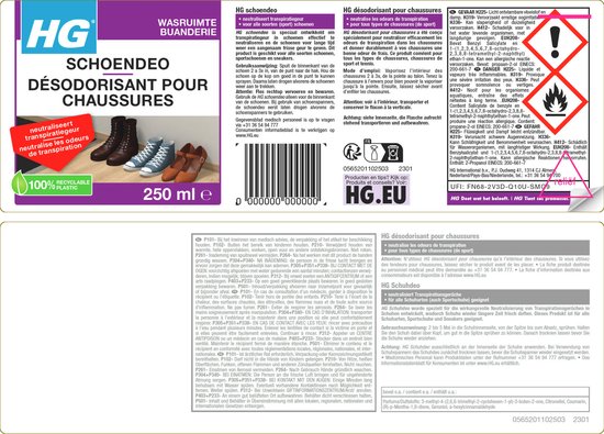 Witte sprayflacon met paars etiket en foto van schoenen. HG Schoendéo 250 ml.