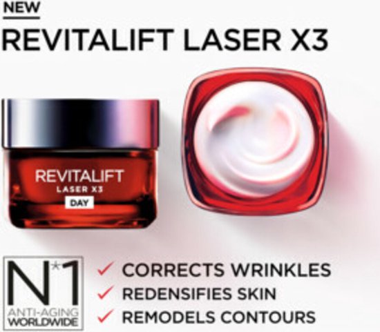 Potje L'Oréal Paris Revitalift Laser X3 dagcrème en geopend potje met crème.
