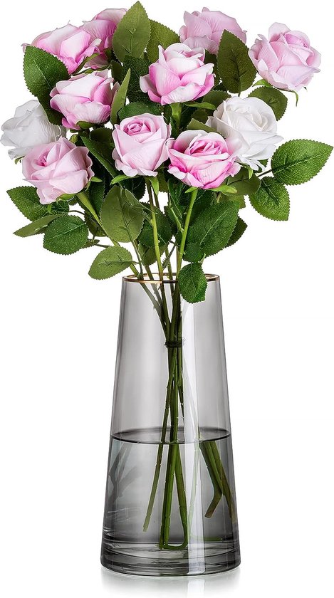 Bloemenvaas, moderne vaas voor pampasgras, vazen, glas, 28 cm hoog, grijs, glazen vaas, grote glazen vazen, grote bloemenvazen, vintage met gouden rand voor tulpen, bruiloft, tafeldecoratie met lange steel