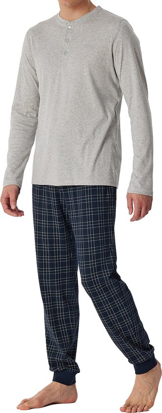 SCHIESSER Fine Interlock pyjamaset - heren pyjama lang interlock manchetten knoopsluiting geruit grijs-melange - Maat: XXL