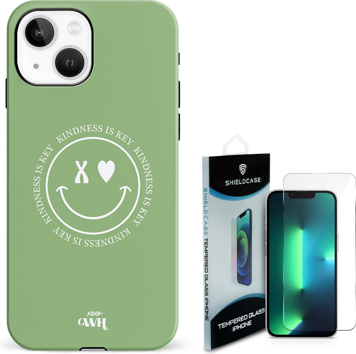 xoxo Wildhearts Kindness Is Key Green - Geschikt voor iPhone 13 hoesje - Shockproof hoesje incl. Screenprotector - Bescherming glasplaatje geschikt voor iPhone 13 - Screen protector glas - Full Cover bescherming + beschermhoes