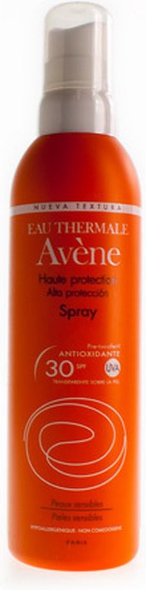 Oranje spuitbus Avène zonbescherming, SPF 30, 'Haute protection Alta proteccion Spray', met pompje.