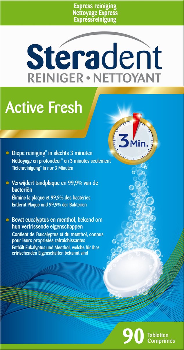 Steradent - Kunstgebitreiniger - Active Fresh - Menthol En Eucalyptus - 90 Tabletten