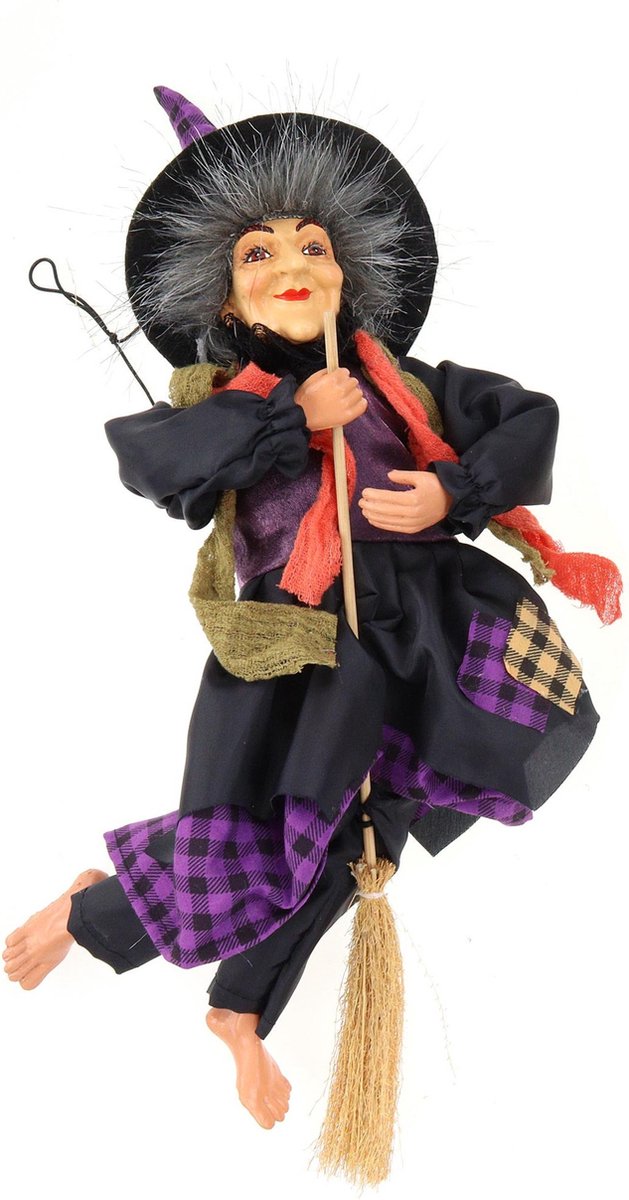 Creation decoratie heksen pop - vliegend op bezem - 30 cm - zwart/paars - Halloween versiering