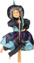 Creation decoratie heksen pop - vliegend op bezem - 30 cm - zwart/blauw - Halloween versiering