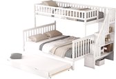 Bol.com Merax 3 Persoons Stapelbed - Hoogslaper met Uitschuifbaar Bed - Kinderbed met Opbergruimte en Trap - Wit aanbieding