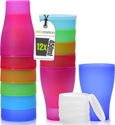 NEO plastic bekers 12 stuks, 450 ml, kleurrijk, deksels, herbruikbaar, onbreekbaar, feestbekers, drinkbekers, feestschalen, camping schalen, drinkglazen, kinderen