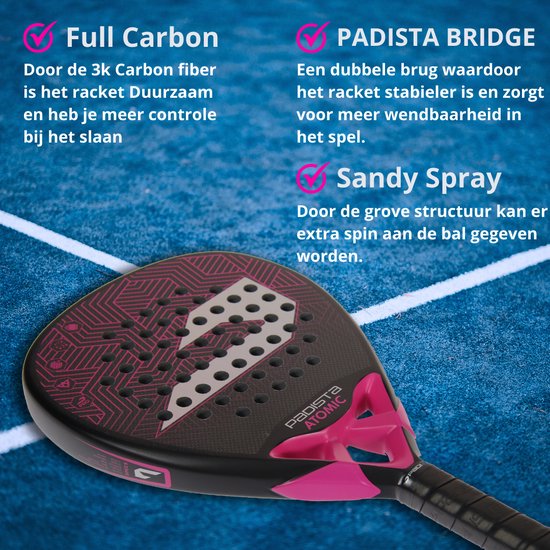 Padista Atomic Padel racket - Padel - 3K Carbon - Roze - Ruwe Oppervlakte - Druppelvorm - Black EVA Foam - Incl. padeltas
