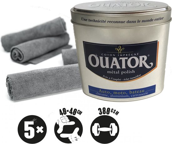 Ouator metaal polish in blik met 5 grijze microfiber doeken, 40x40cm, 380gsm.