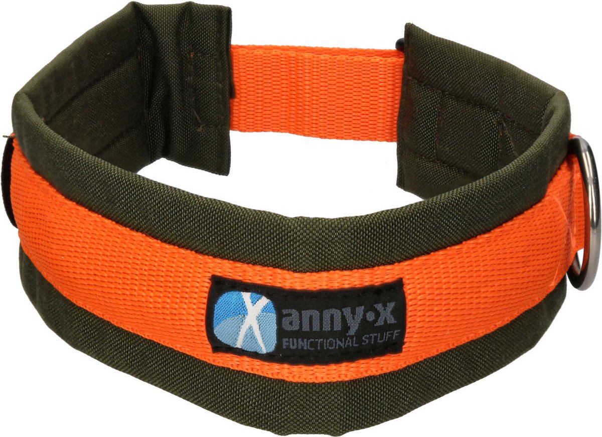 AnnyX Brede Halsband - FUN - Oranje/Olijfgroen - Gevoerd - maat M (5) - 5cm breed - Halsomvang vanaf 45 cm tot en met 48 cm -