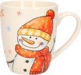 Kerstmok/wintermok sneeuwpop met oranje muts en sjaal van poreselein 10 cm
