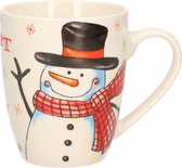 Kerstmok/wintermok sneeuwpop met zwarte hoed en rode sjaal van poreselein 10 cm