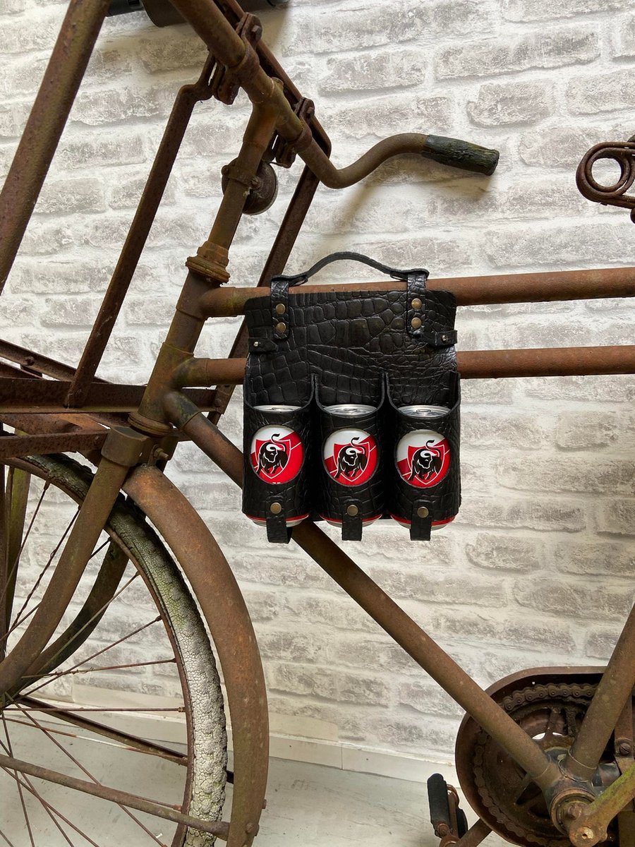 Dries Design D3SD - bierfleshouder - fiets bierfles houder - flessendrager - flessendrager fiets - fiets oldtimer - blikjes houder - blikjes houder fiets - zwart alligator - leder
