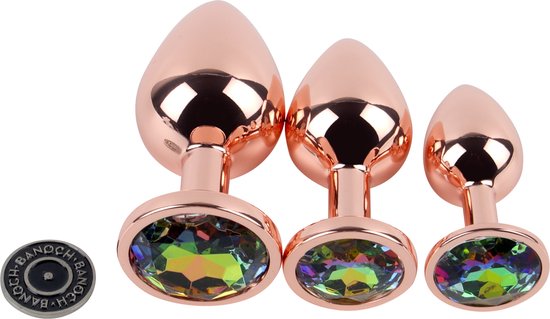 Banoch Buttplug Set Van Metaal Aurora Rose Goud Regenboog Steen 