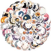 Set van 50 mooie Stickers met Maan, Zwarte Kat & Bloemen - 5x5CM - Laptopstickers voor Volwassenen