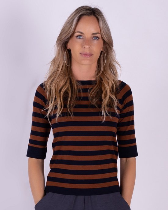 MGizo DtiSpectrum Dunne, elegante damestrui, klassiek gestreept design met ronde hals, lange mouwen, warm – ideaal voor lente en herfst, Curry, M