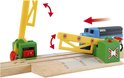 BRIO magnetische treinbaanovergang met een blauwe trein die passeert, groen met gele slagbomen.
