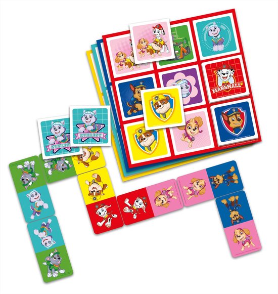 Stapel kaarten met Paw Patrol-personages, inclusief Ryder, Chase, Marshall, Skye en Everest, met spelbord met 9 vakjes.