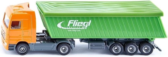 Oranje SIKU vrachtwagen met groene oplegger. Logo 'Fliegl Transport' op de oplegger.