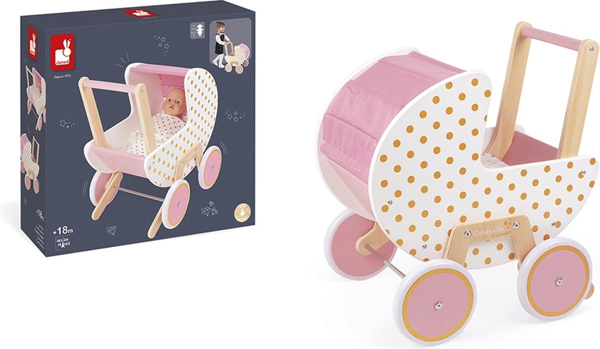 Janod Candy Chic - Houten Poppenwagen - Voor Poppen Tot 42 Cm - Robuuste En Realistische Kinderwagen - Geschikt Vanaf 18 Maanden