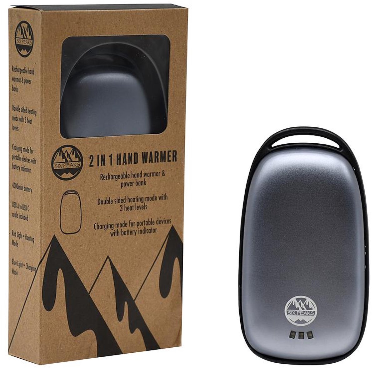 Six Peaks - 2 in 1 Hand Warmer - Elektrische Handwarmer met powerbank - USB Oplaadbaar - Zwart/grijs