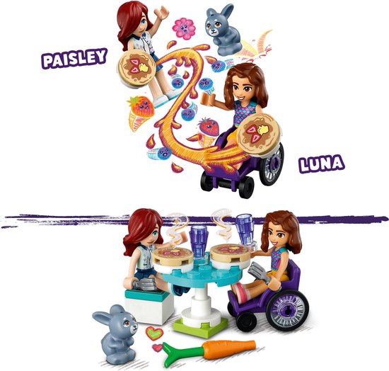 Illustration des mini-poupées LEGO Friends Paisley et Luna, avec des crêpes et des accessoires de jeu.