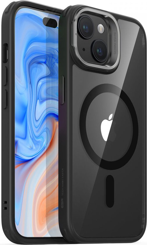 ESR Classic Hybrid HaloLock Coque adaptée pour Apple iPhone 15 – Compatible avec MagSafe – Coque arrière avec support – Béquille pour appareil photo – Zwart transparent