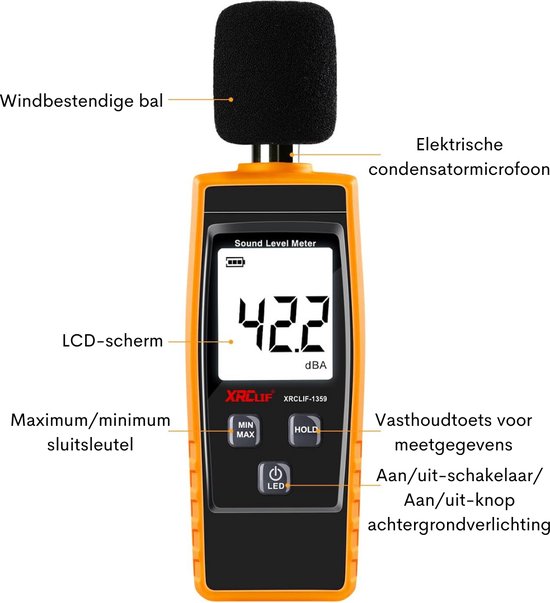 Professionele Decibel Meter - Digitale Geluidsniveaumeter, Handgeluid dB-meter met Alarmfunctie, 30-130dB(A) Decibel Geluidsruismeter Testermeting met LCD-scherm, Max/min/hold-functie - Merkloos