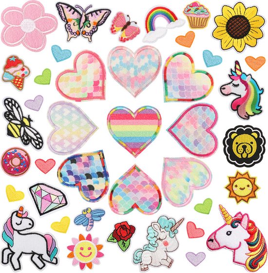Roze regenboogpatch om op te strijken, strijkplaatje, strijkpatches, maat 7,2 x 4,2 cm
