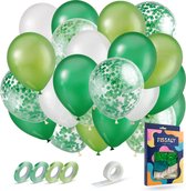 Fissaly 40 stuks Groen, Wit & Donkergroen Helium Ballonnen met Lint – Verjaardag Versiering Decoratie – Papieren Confetti – Latex