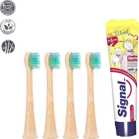 green-goose® Bamboe Philips Sonicare Opzetborstels Kids | 4 Stuks | Met Signal Kinder Tandpasta (tot 6 jaar) | Actief Houtskool Opzetborsteltjes | Milieuvriendelijk | Eco | Duurzaam