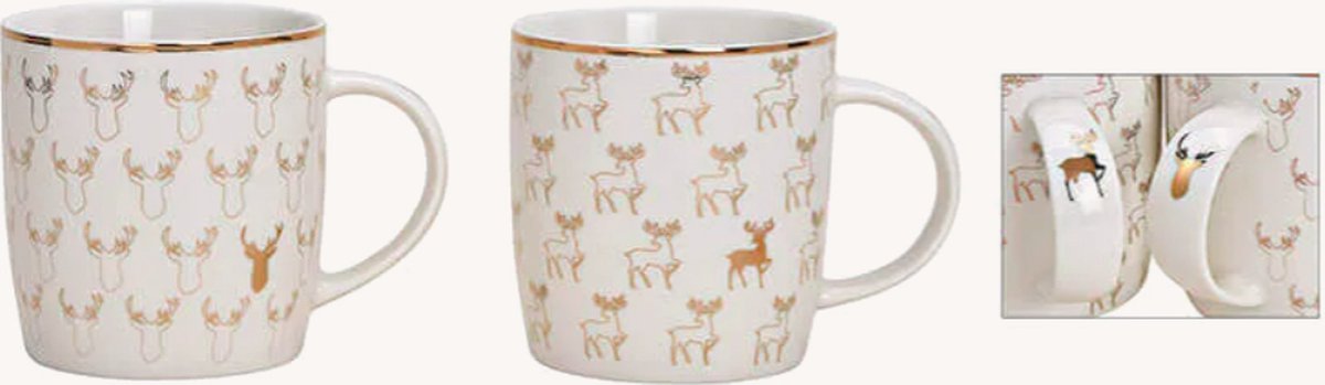 Becher Hirsch Dekor aus Porzellan Weiß, gold 2-fach, (B/H/T) 12x9x9cm 340ml