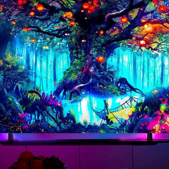 Ulticool - Arbre de Conte de Glow - Tapisserie Décoration Magic - Psychédélique - Toile de Fond pour Tapisserie de Fête à Lumière noire - 200x150 cm - Toile de Fond Lampe UV Réactive - Groot Tapisserie - Affiche - Siècle des Lumières Fluor Néon