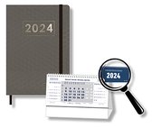 MGPcards - Agenda 2024 - A5 (21,5x15,5 cm) - Foliedruk - Week op 2 pagina's - Ruime Vakken - Antraciet Honingraat + Burokalender Blauw