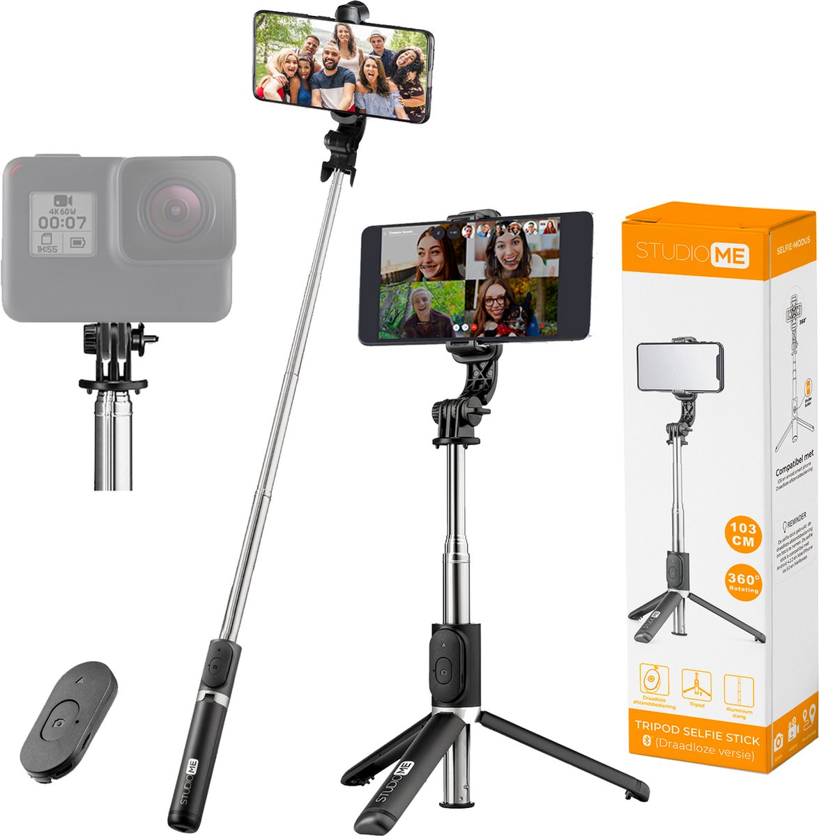 Studio ME Selfiestick Universeel - Tripod - Geschikt voor Telefoon & Action Camera - 100 cm - Selfie Stick - 360° Rotatie - Bluetooth Afstandsbediening - Telefoonhouder