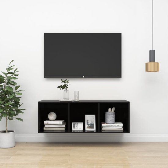 The Living Store TV-meubel Wandmontage - Hoogglans zwart - 37 x 37 x 107 cm - 3 vakken