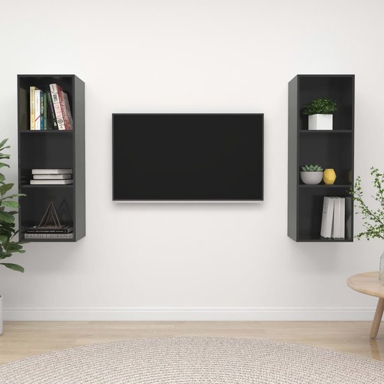 The Living Store Televisiewandmeubelset - Hoogglans grijs - 37 x 37 x 107 cm - 2x tv-meubel