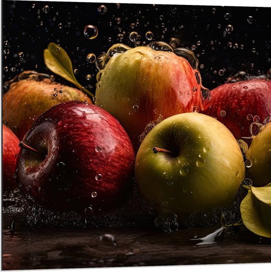 Dibond - Plens Water op Appels tegen Zwarte Achtergrond - 80x80 cm Foto op Aluminium (Wanddecoratie van metaal)