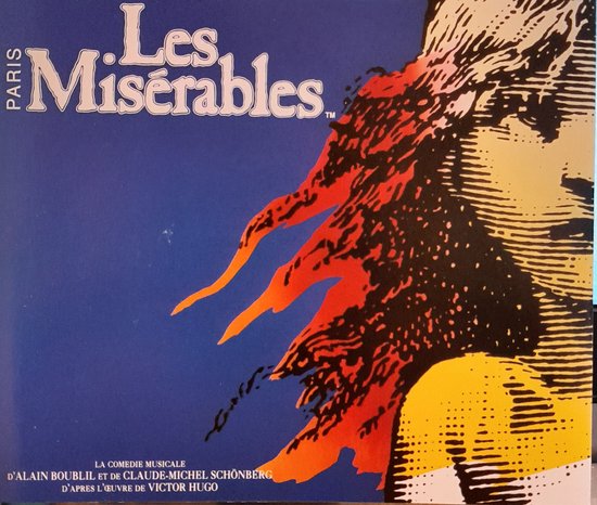 Albumhoes van Les Misérables, met gestileerde afbeelding van een gezicht dat naar rechts kijkt, met vlammen.