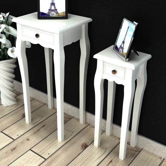 The Living Store Table d'appoint White - Ensemble 2 pièces - 36 x 36 x 79 cm et 25 x 25 x 62 cm - MDF et bois de pin