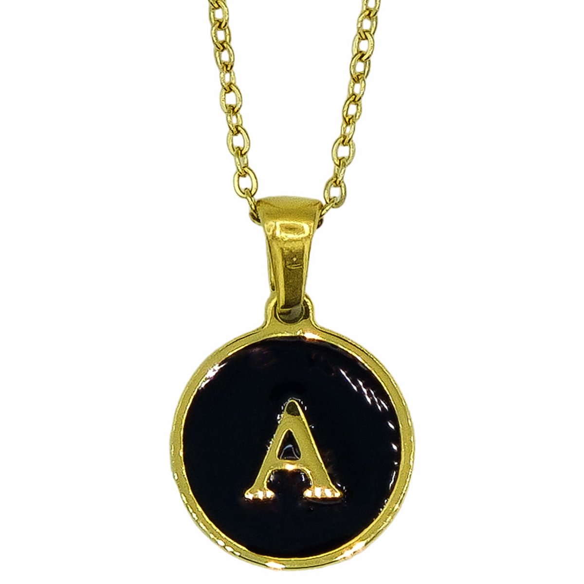 Initiaal Ketting - Letter A in zwart Emaille glas Coin hanger