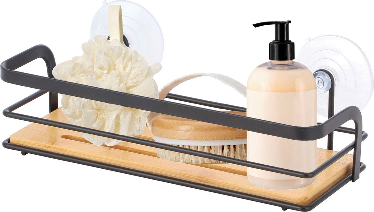 Etagère Panier de douche à ventouses Acier & Bambou Noir mat MSV Etagère Panier de douche à ventouses Acier & Bambou Noir mat MSV