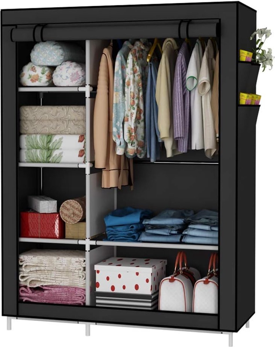 Closet Organizer Kledingkast Kledingopslagplanken, Niet-geweven Stoffen Hoes met Zijzakken, 105 * 45 * 170 CM, Zwart