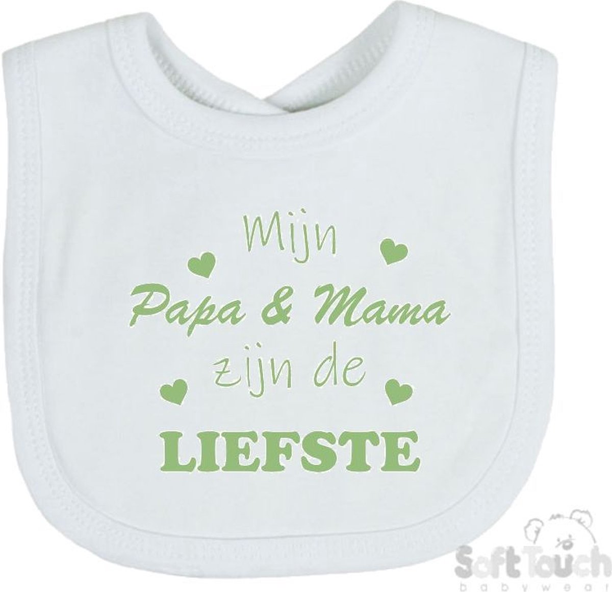 Goedkoopste Soft Touch Slabber Slabbetje Slab Mijn Papa & Mama zijn de liefste Unisex Katoen Wit/sage green (saliegroen) Maat 33x22 Cm