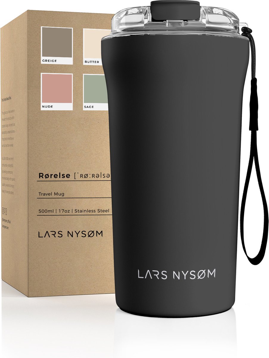 LARS NYSØM - 'Rørelse' Thermo Coffee Mug-to-go 500ml - BPA-vrij met Isolatie - Met Draagriem & Tritan Deksel - Onyx Black