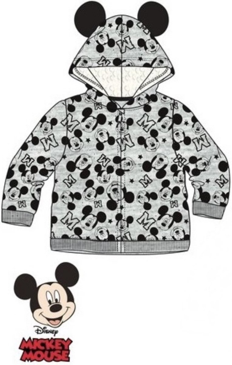 Disney Mickey Mouse Baby Vest - Grijs - Gevoerde Capuchon - Maat 86