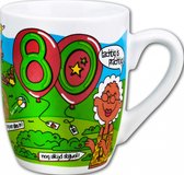 Mok - Bonbons - 80 Jaar - Cartoon - In cadeauverpakking met gekleurd lint